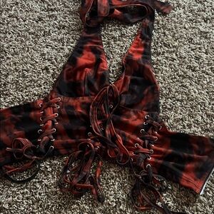 Fashion Nova Red and Black Lace-Up Halter Top